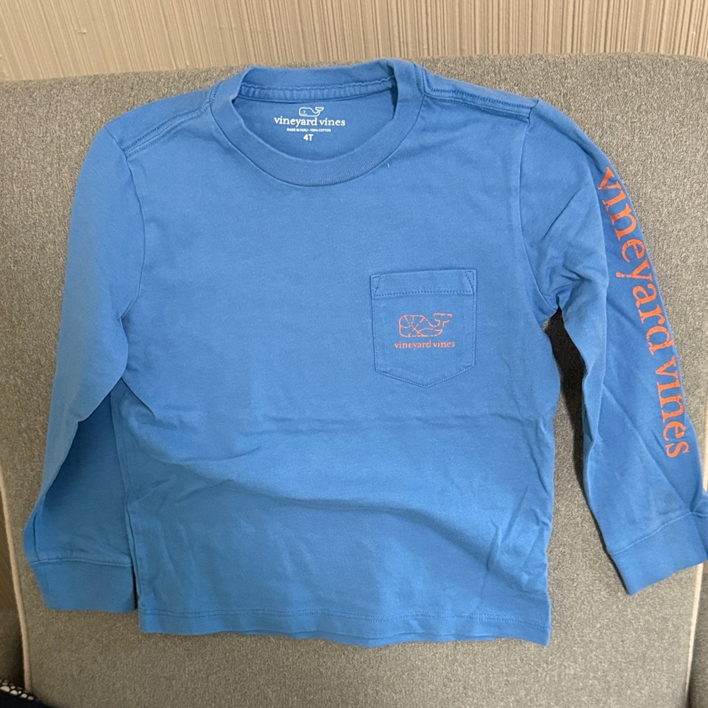 Vineyard Vines Kids Long Sleeve Shirt in Blue with Orange Accents